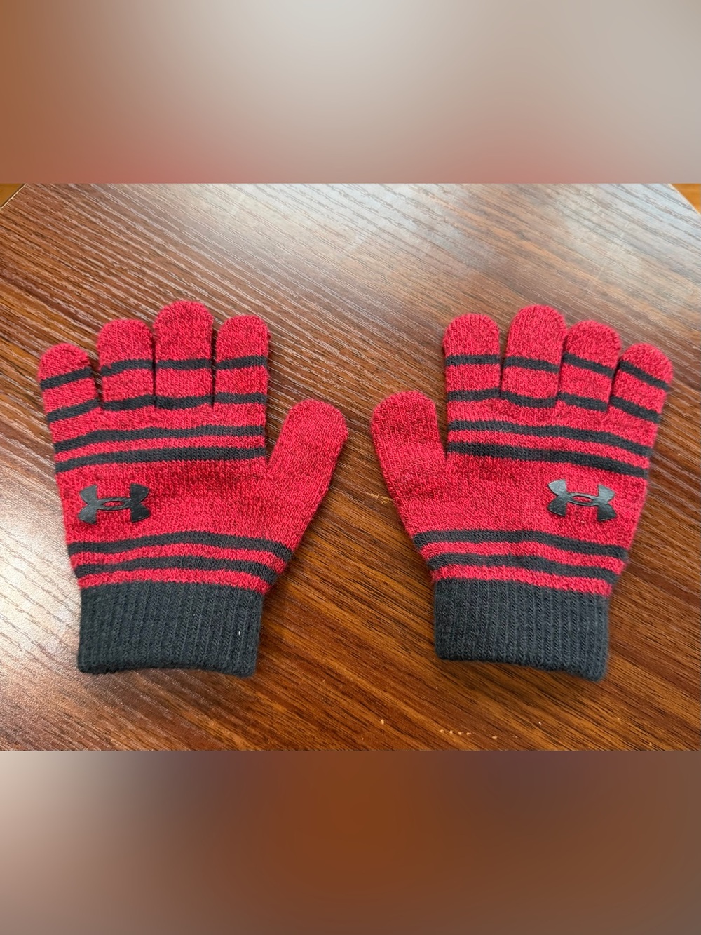 Kids Red and Black Stripe Under Armor Knit Gloves